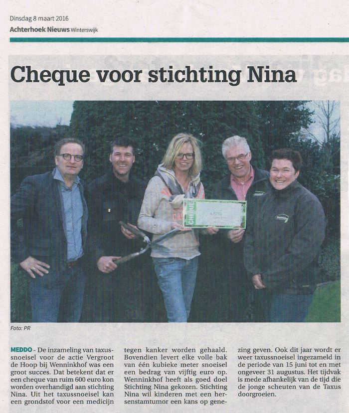 Afbeelding: 2016-03-08 Achterhoek Nieuws Cheque voor Stichting Nina