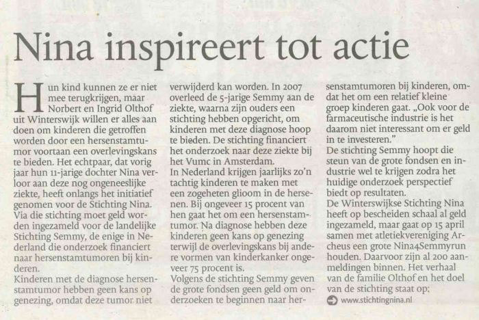 2012-01-31 De Gelderlander Nina inspireert tot actie